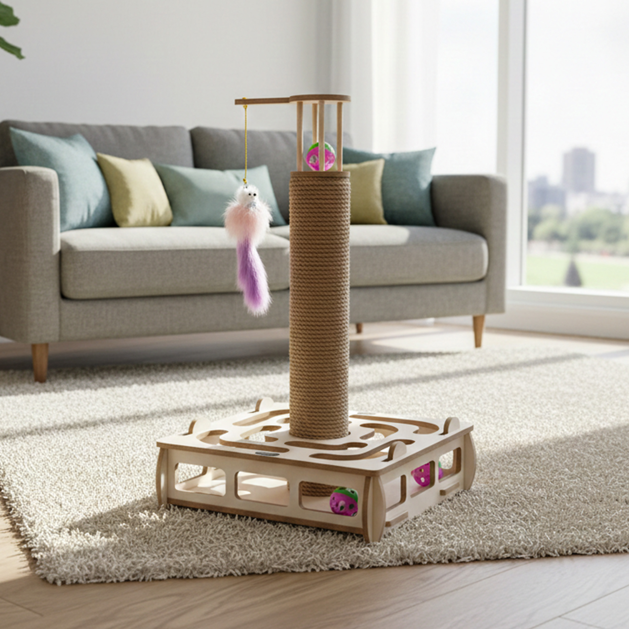 Kare_Oyuncak_Bej_Oda1_HB Patihomes Kare Kedi Oyuncağı ve Kedi Tırmalama Tahtası - Görsel 1