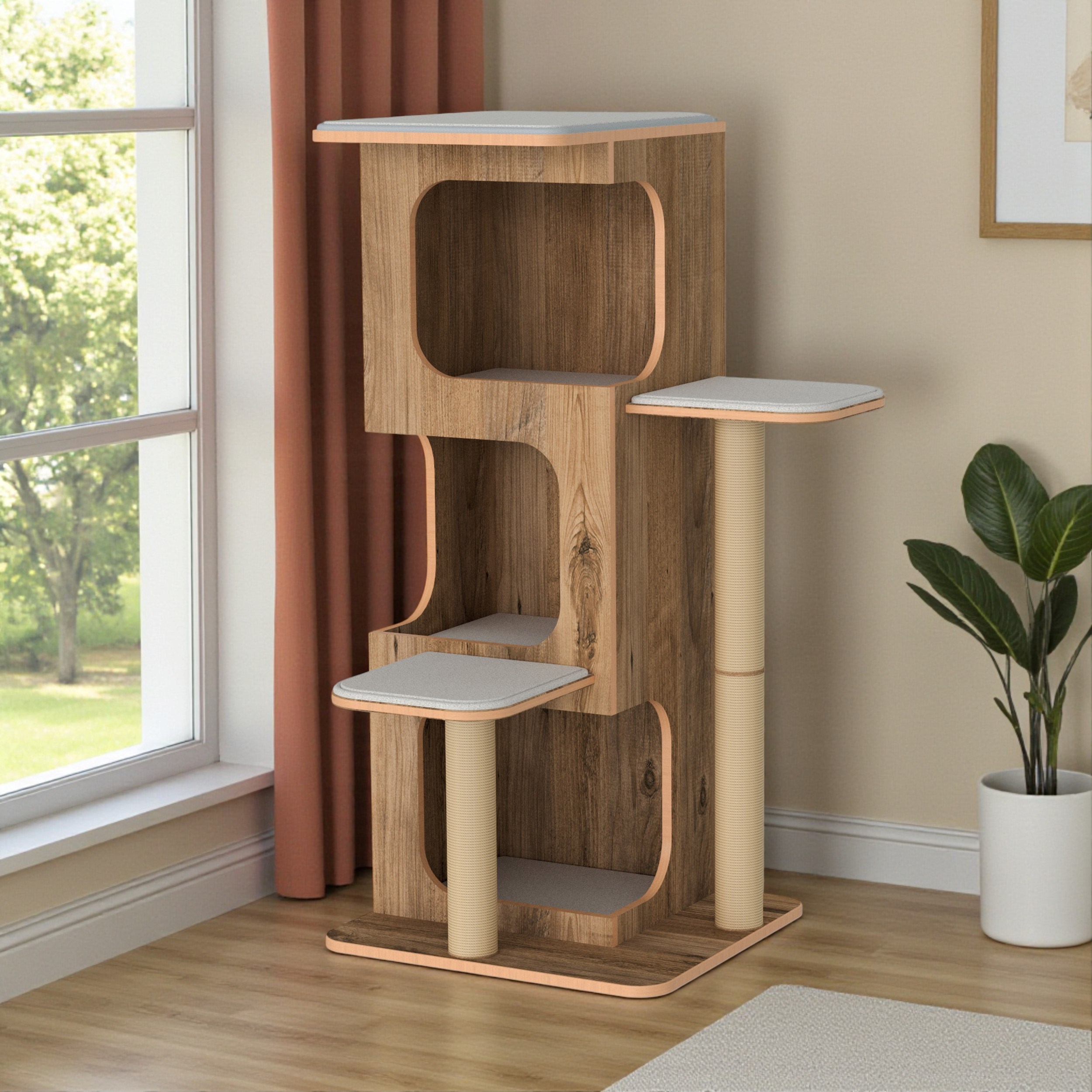 3c508c0df8a342708e02a8b9ec977dbd.jpg Pro Katlı Kedi Tırmalama Oyun Evi - 3 Yuvalı - 18mm MDF - Minderli - Görsel 1